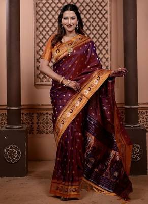 purple color colorfull woven border zari work soft silk blend saree 1