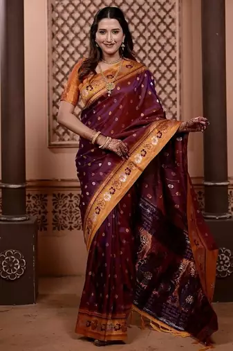 purple color colorfull woven border zari work soft silk blend saree