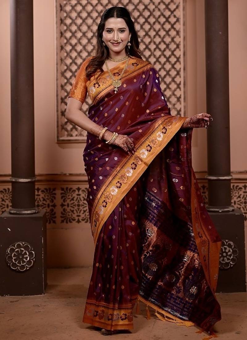purple color colorfull woven border zari work soft silk blend saree