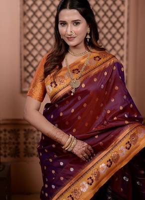 purple color colorfull woven border zari work soft silk blend saree 2