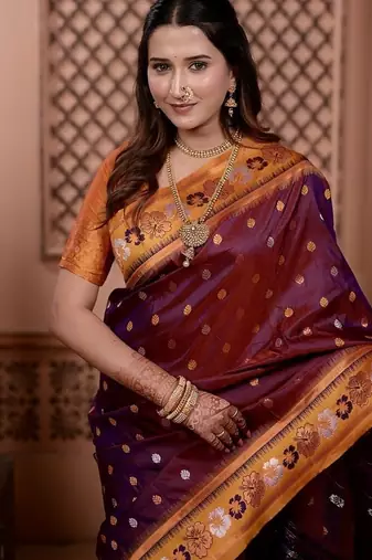 purple color colorfull woven border zari work soft silk blend saree