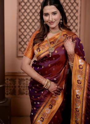 purple color colorfull woven border zari work soft silk blend saree 3
