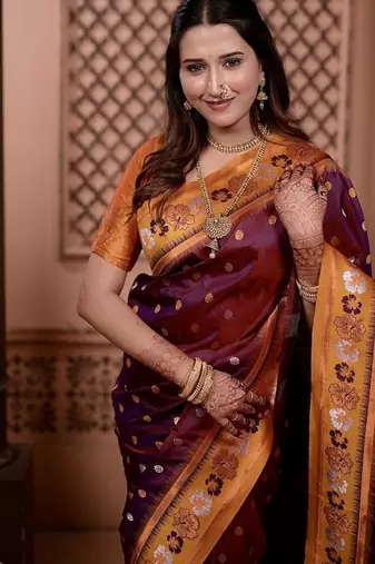 purple color colorfull woven border zari work soft silk blend saree
