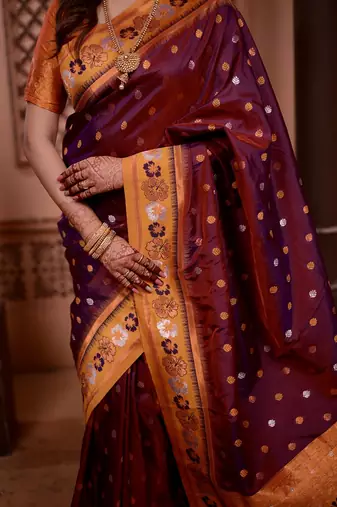 purple color colorfull woven border zari work soft silk blend saree