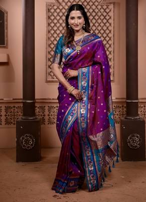 Pink color colorfull woven border zari work soft silk blend saree 1