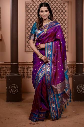 Pink color colorfull woven border zari work soft silk blend saree