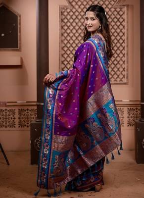 Pink color colorfull woven border zari work soft silk blend saree 2