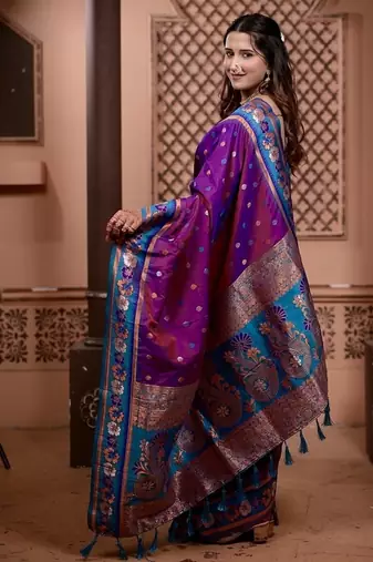 Pink color colorfull woven border zari work soft silk blend saree