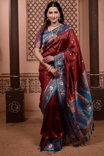 Maroon color colorfull woven border zari work soft silk blend saree