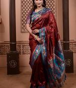 Maroon color colorfull woven border zari work soft silk blend saree