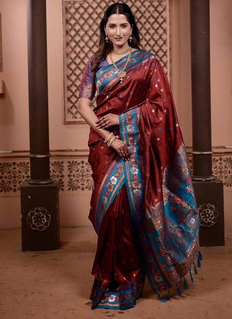 Maroon color colorfull woven border zari work soft silk blend saree