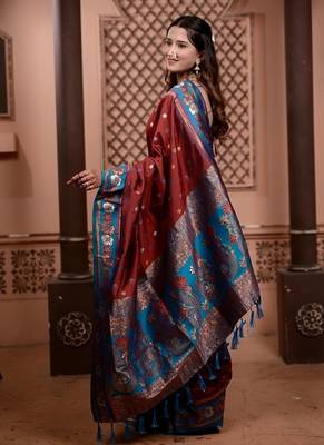 Maroon full woven border zari work soft silk blend saree 2