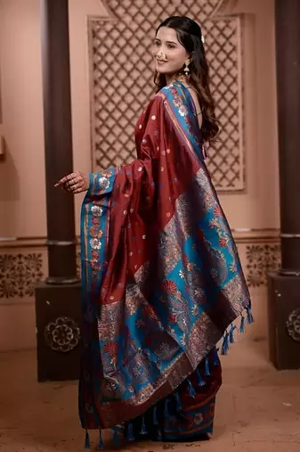 Maroon color colorfull woven border zari work soft silk blend saree