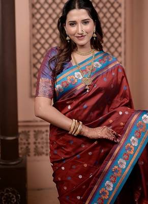 Maroon full woven border zari work soft silk blend saree 3