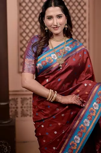 Maroon color colorfull woven border zari work soft silk blend saree