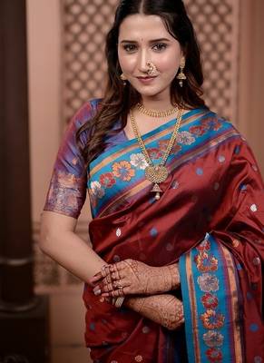 Maroon full woven border zari work soft silk blend saree 4