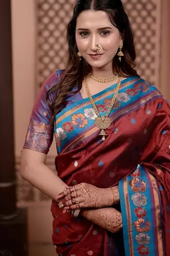 Maroon color colorfull woven border zari work soft silk blend saree