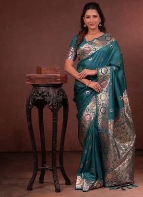 Teal color colorfull woven border zari work soft silk blend saree 1