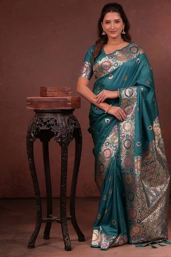 Teal color colorfull woven border zari work soft silk blend saree