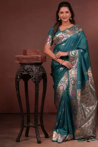 Teal color colorfull woven border zari work soft silk blend saree