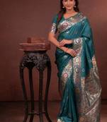 Teal color colorfull woven border zari work soft silk blend saree