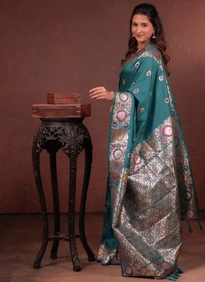 Teal color colorfull woven border zari work soft silk blend saree 2