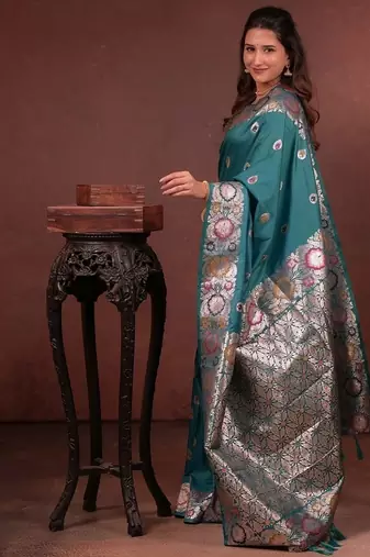 Teal color colorfull woven border zari work soft silk blend saree