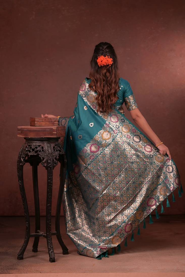 Teal color colorfull woven border zari work soft silk blend saree