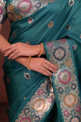 Teal color colorfull woven border zari work soft silk blend saree 4