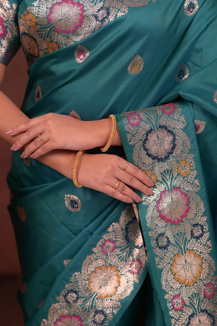 Teal color colorfull woven border zari work soft silk blend saree