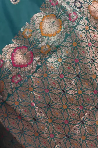 Teal color colorfull woven border zari work soft silk blend saree