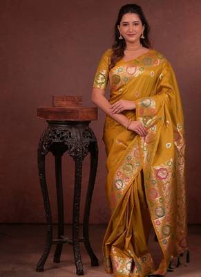Yellow color colorfull woven border zari work soft silk blend saree 1