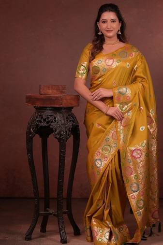 Yellow color colorfull woven border zari work soft silk blend saree