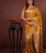Yellow color colorfull woven border zari work soft silk blend saree