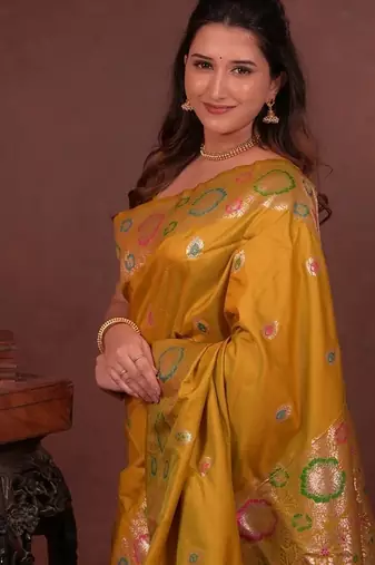 Yellow color colorfull woven border zari work soft silk blend saree