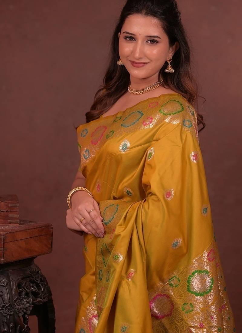 Yellow color colorfull woven border zari work soft silk blend saree