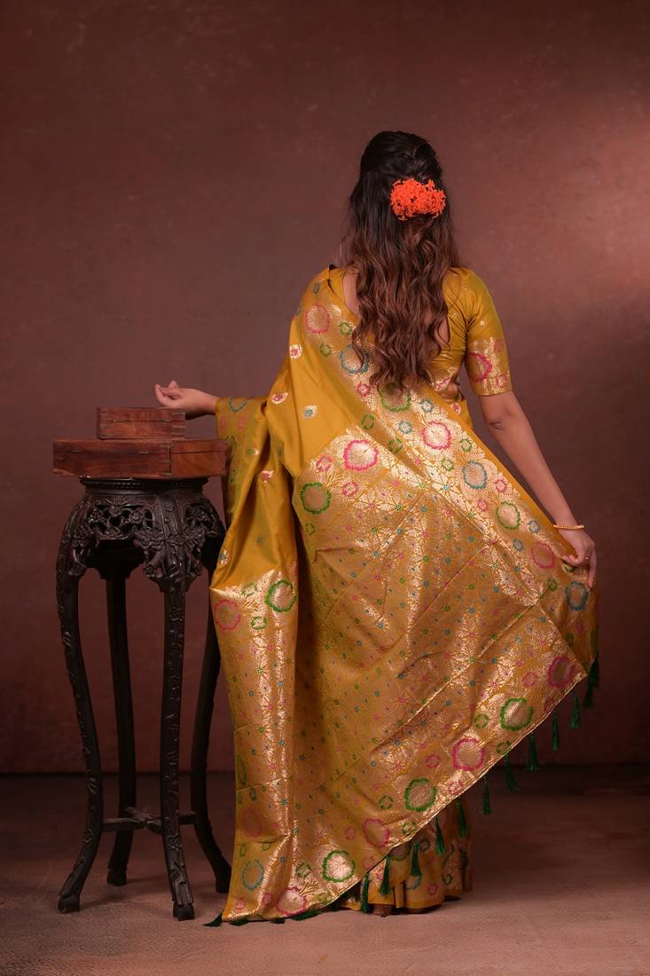 Yellow color colorfull woven border zari work soft silk blend saree