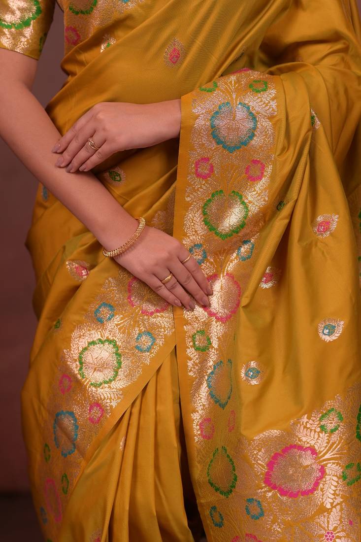 Yellow color colorfull woven border zari work soft silk blend saree