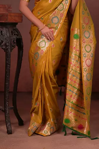 Yellow color colorfull woven border zari work soft silk blend saree
