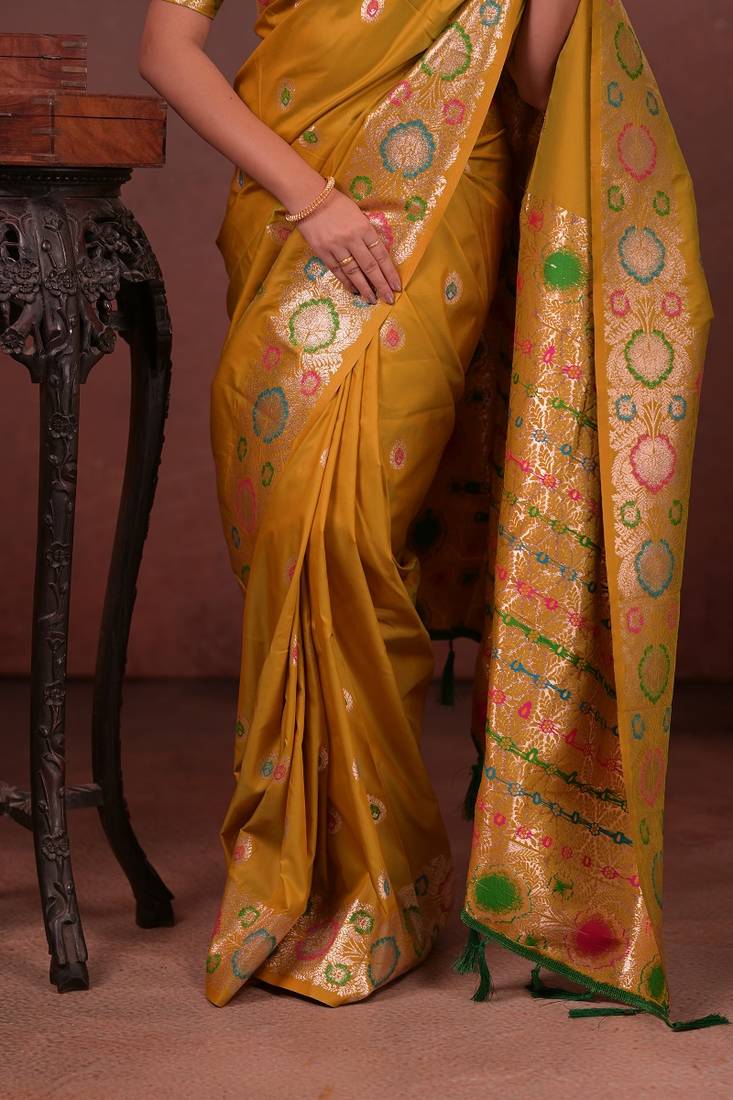 Yellow color colorfull woven border zari work soft silk blend saree