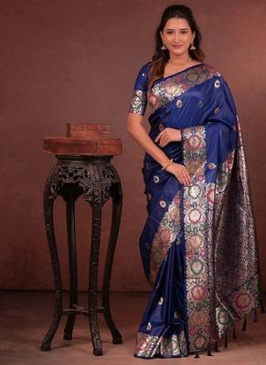 Blue color colorfull woven border zari work soft silk blend saree 1