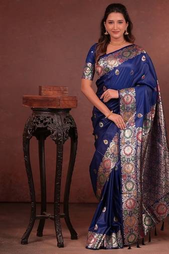 Blue color colorfull woven border zari work soft silk blend saree