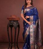 Blue color colorfull woven border zari work soft silk blend saree