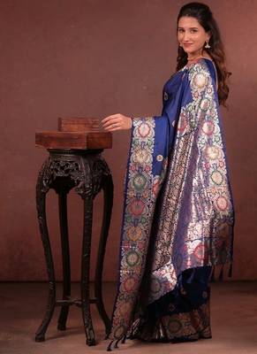 Blue color colorfull woven border zari work soft silk blend saree 2