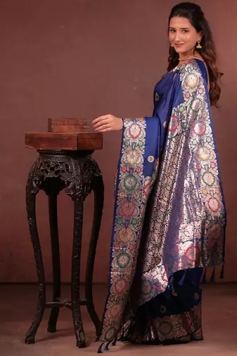 Blue color colorfull woven border zari work soft silk blend saree