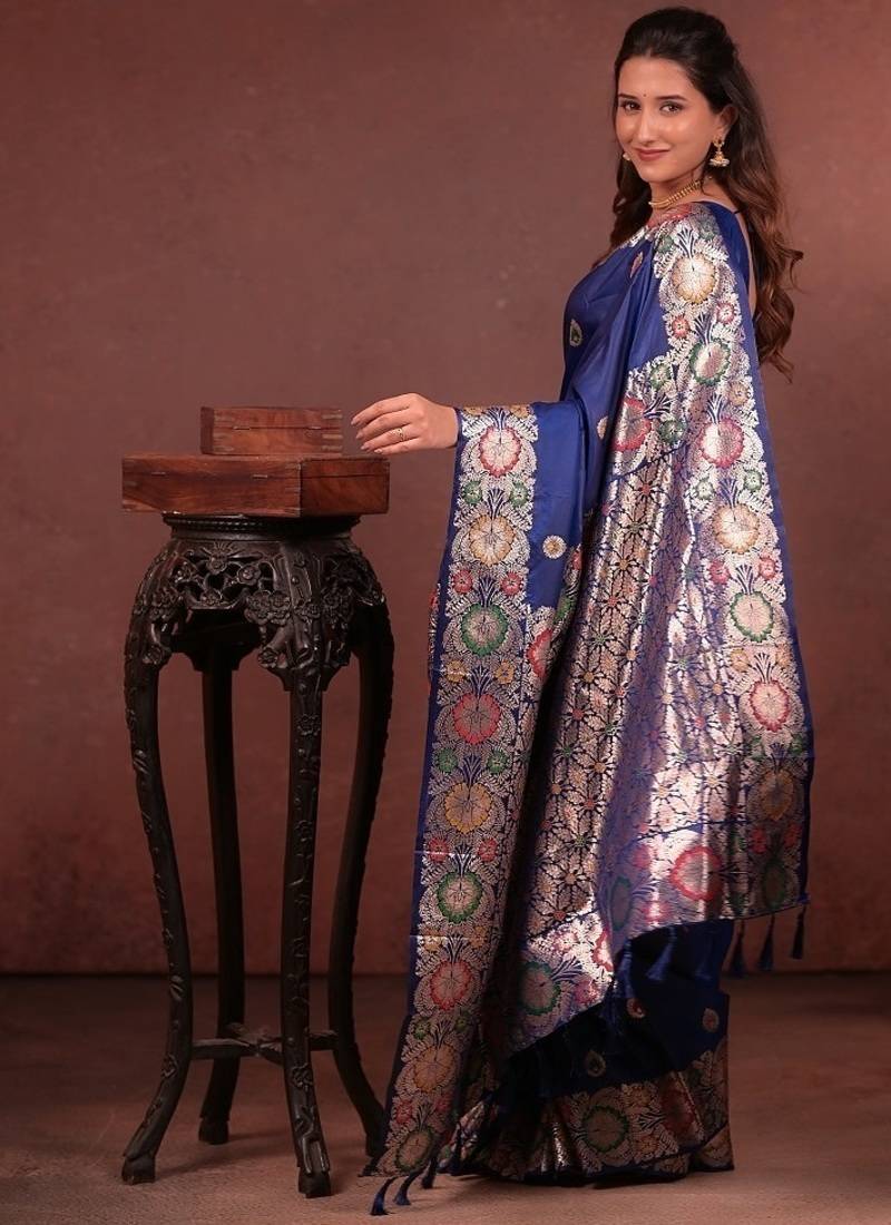 Blue color colorfull woven border zari work soft silk blend saree