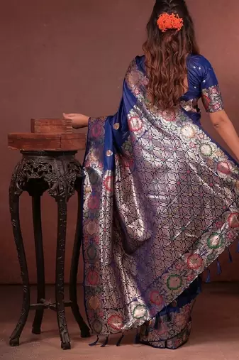 Blue color colorfull woven border zari work soft silk blend saree