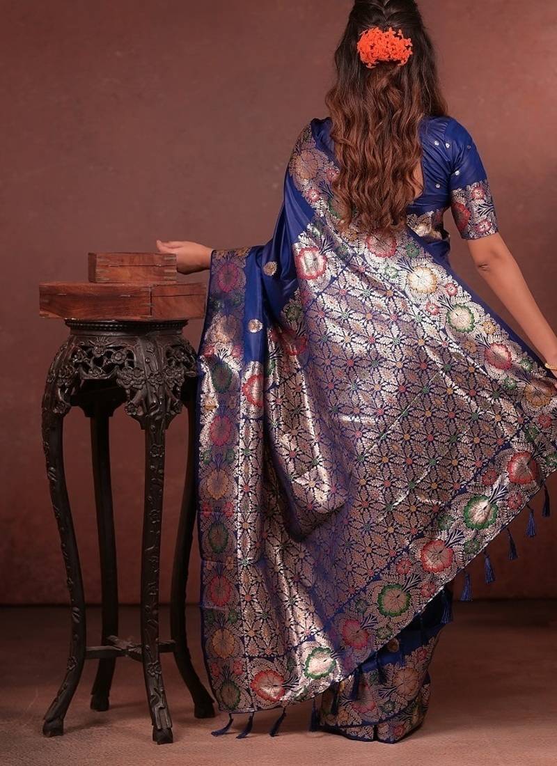 Blue color colorfull woven border zari work soft silk blend saree