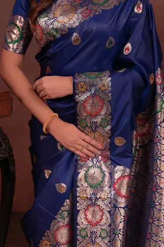 Blue color colorfull woven border zari work soft silk blend saree