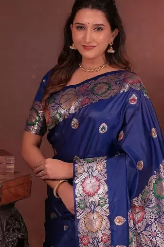 Blue color colorfull woven border zari work soft silk blend saree